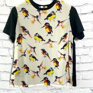 MSGM Bird Print Black Sleeve Short Sleeve Cotton T-Shirt Size Large